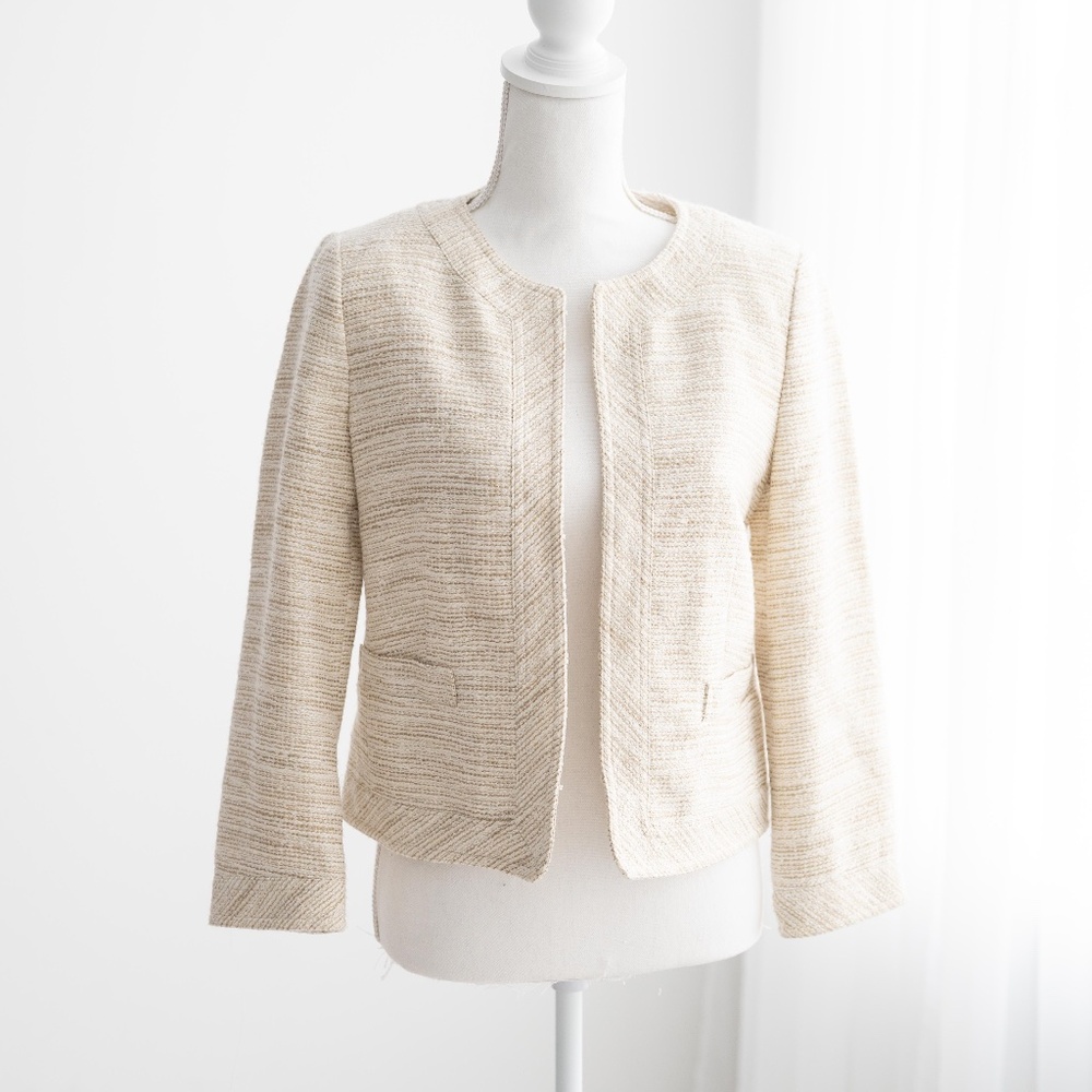 Banana Republic Tweed Cropped Blazer Cream Gold Metallic